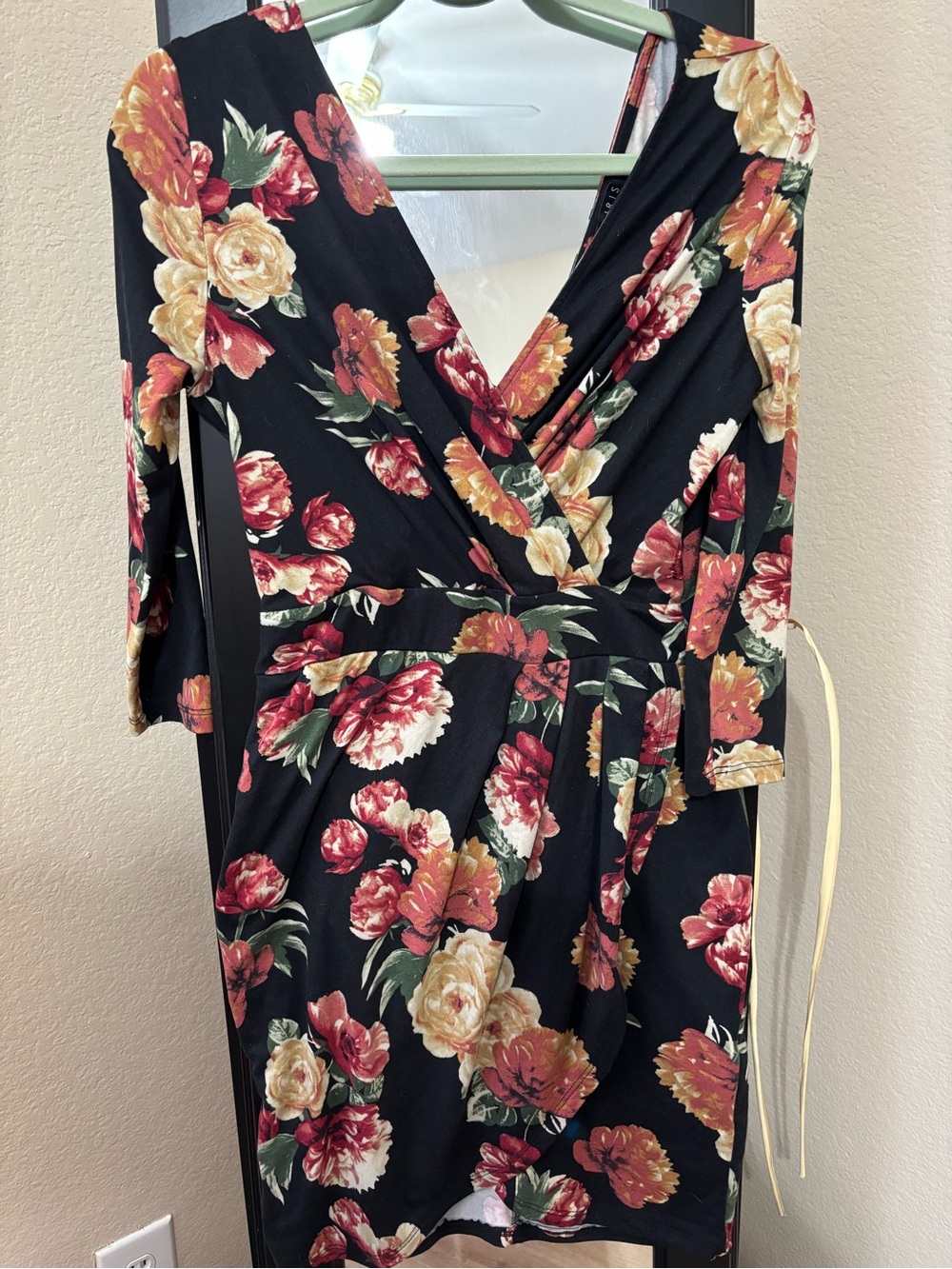 iris Black Floral Wrap Dress with Red and Cream Blooms
